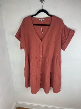 Madewell Lightspun Cuff Sleeve Button-Front V-Neck Tiered Dress NWT